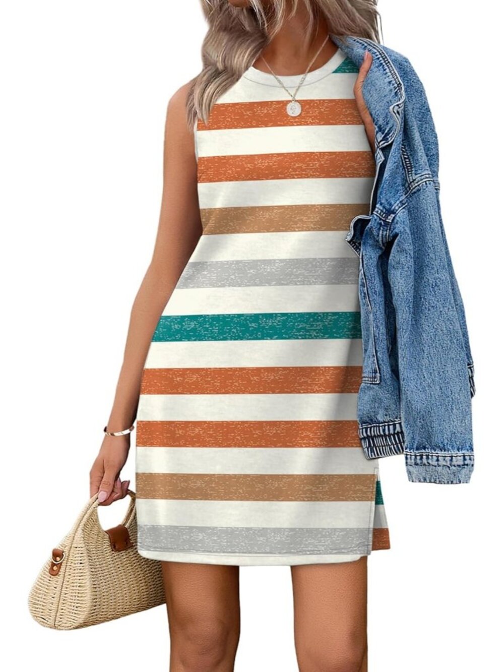 Women's Color Stripe Summer Casual Dress Crewneck Sleeveless Tank Dresses